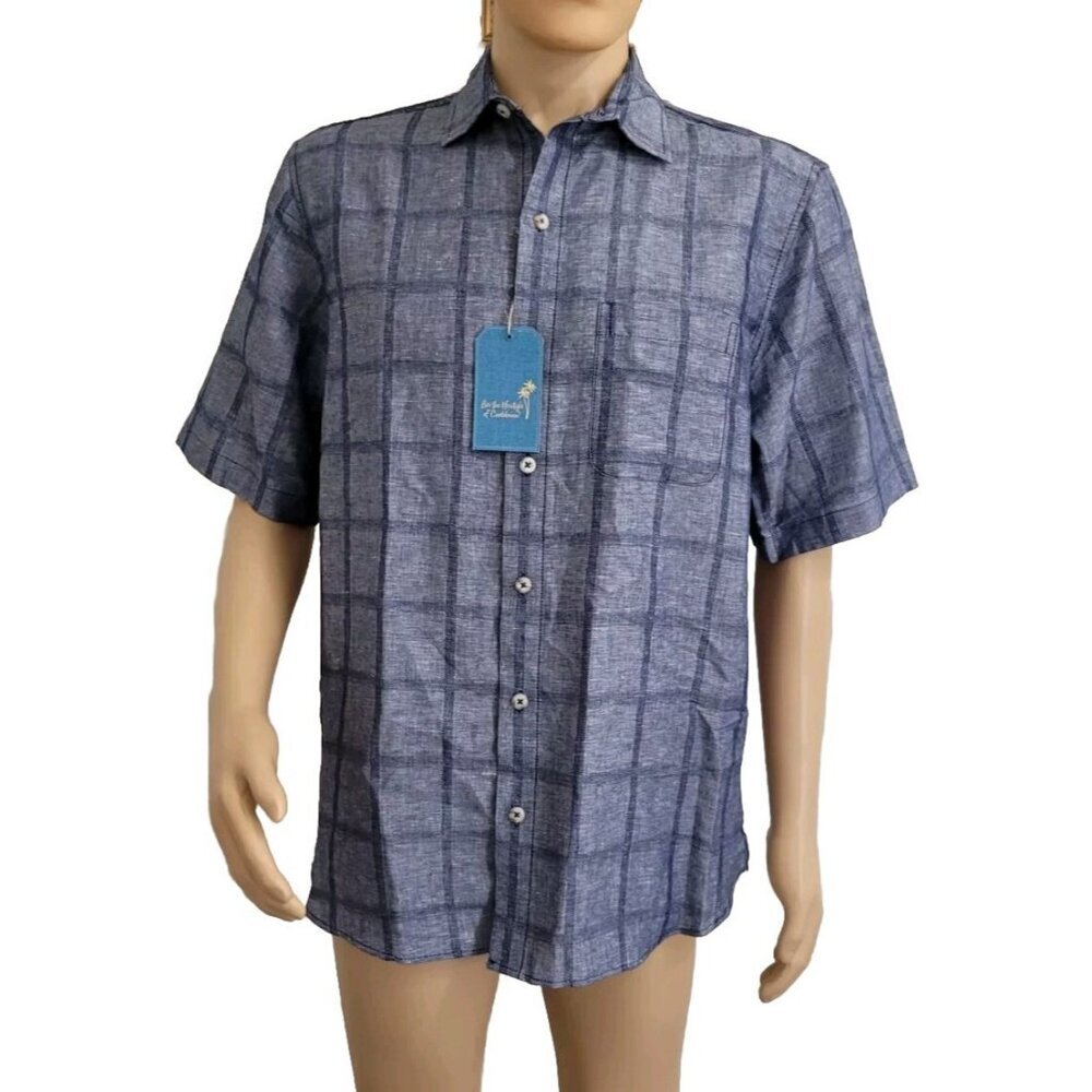 Caribbean Mens Shirt Size M Blue Plaid Linen Blend Cotton Short Sleeve Plaid 31